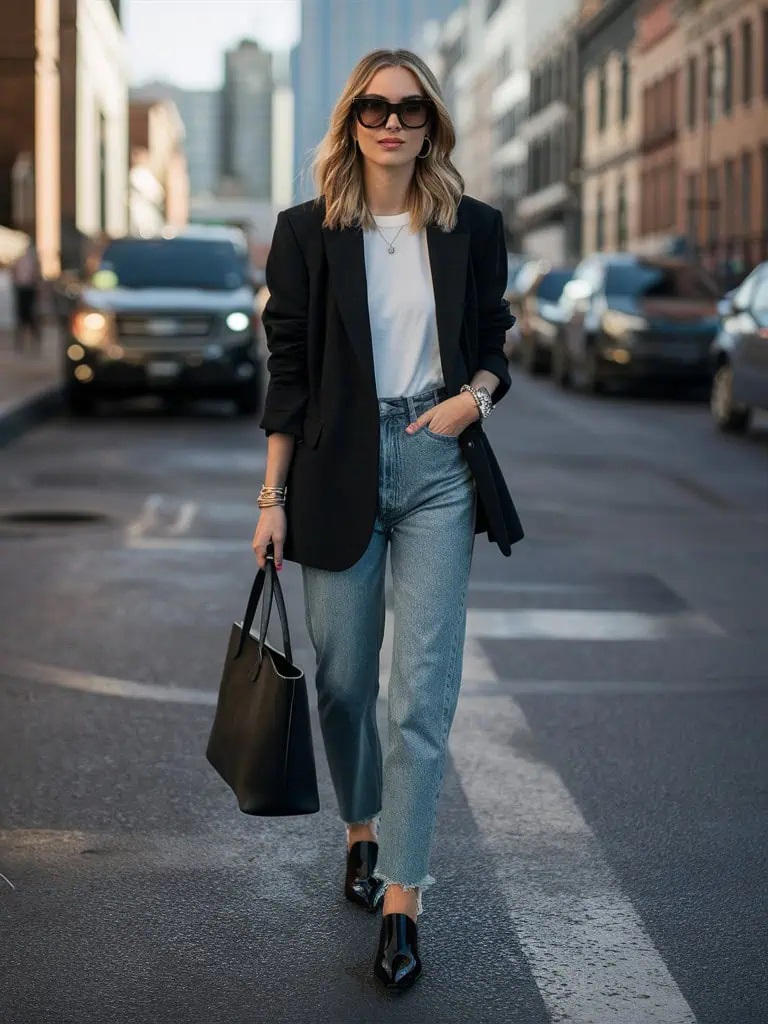 Classic Black Blazer + White Tee + Blue Jeans