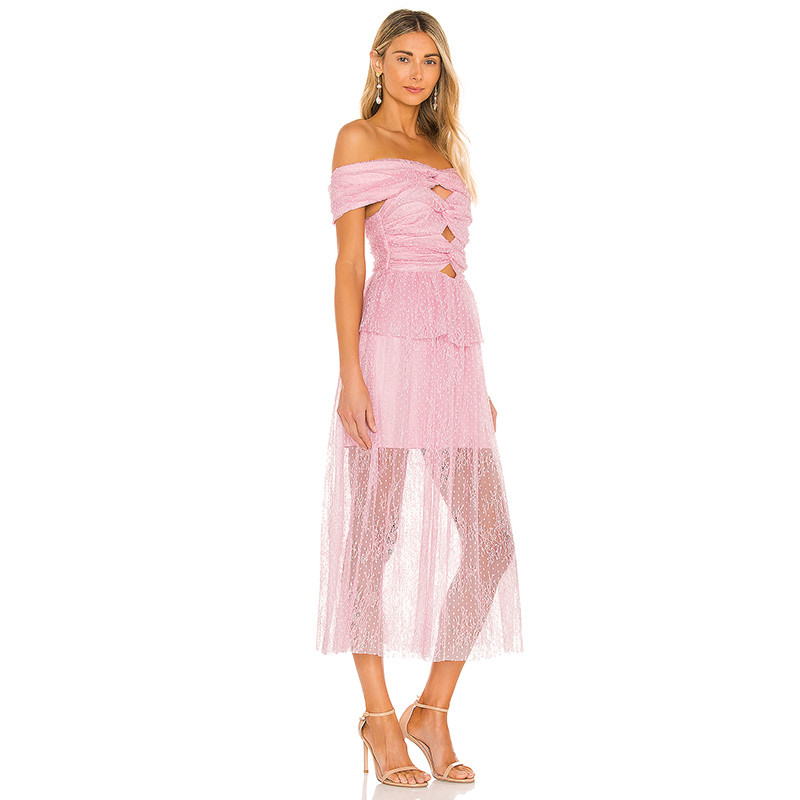 Fabrikant oanpaste OEMODM roze elegante midi-jurk (2)