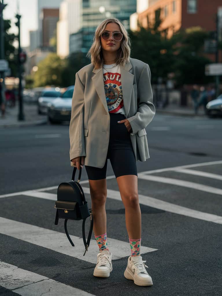 Oversized Blazer + Graphic Tee + Bike Shorts