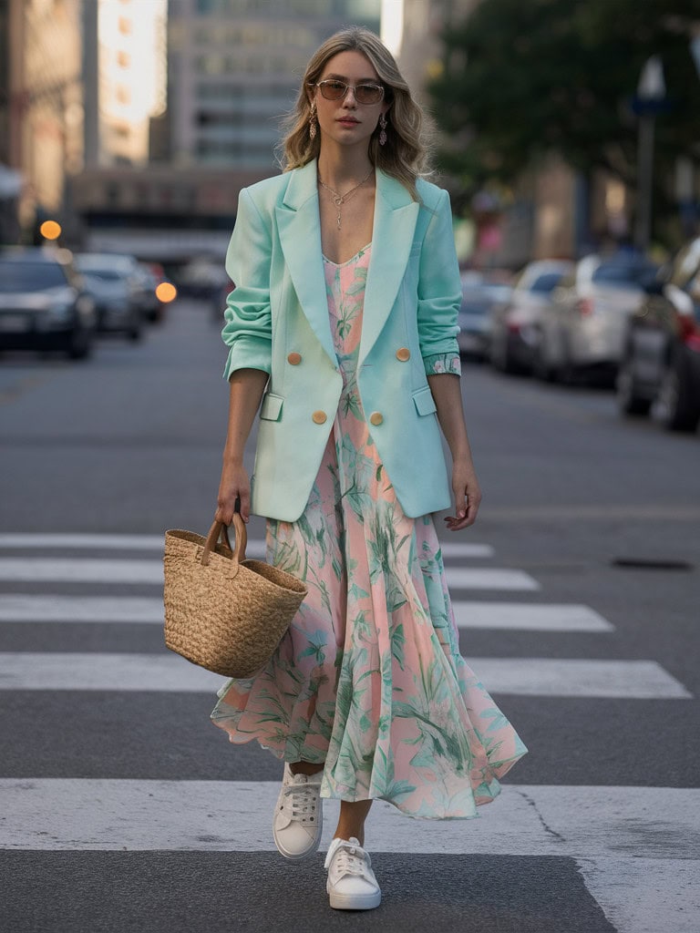 Pastel Blazer + Floral Dress + White Sneakers