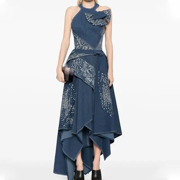denim ruffle gown