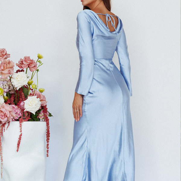 ice blue satin midi dress