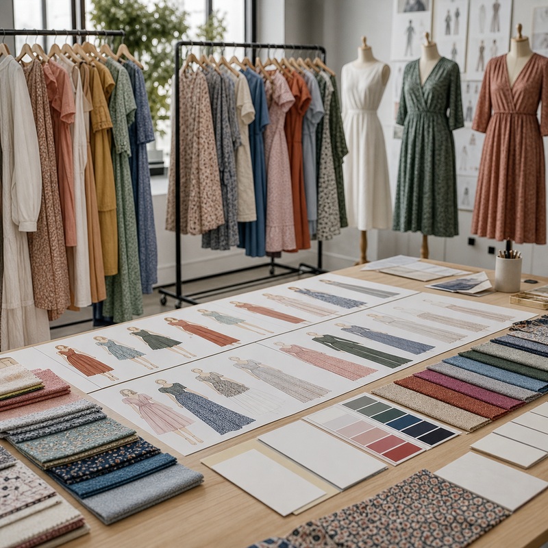  Ladies dress style range planning with fabric swatches