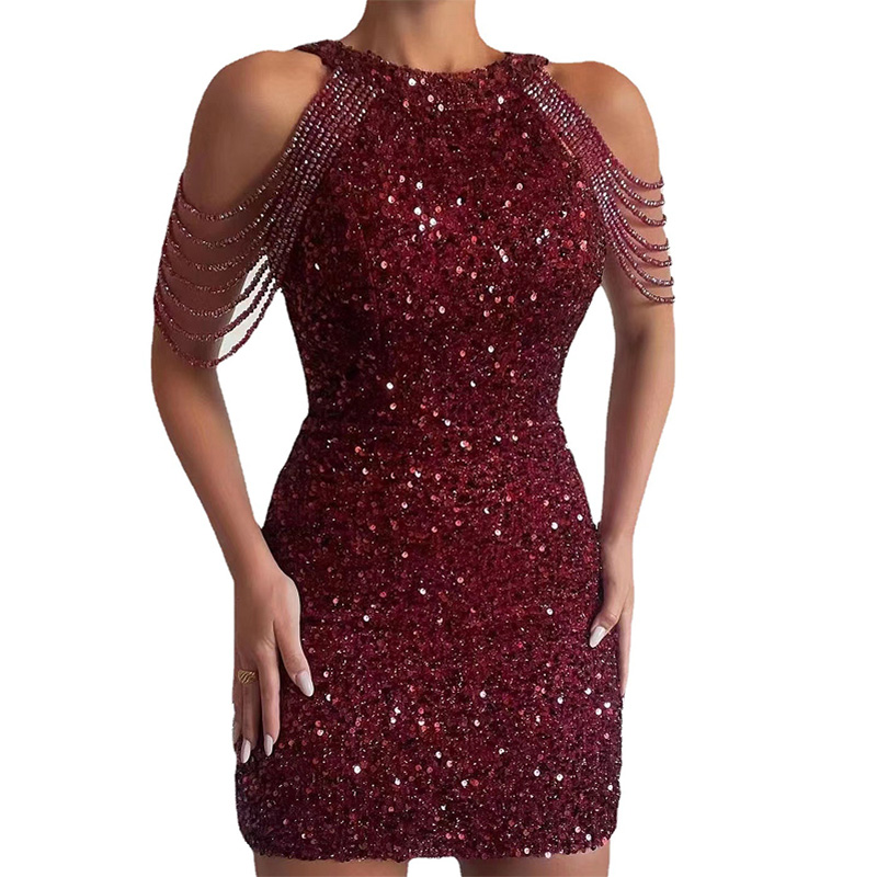 custom colors dress,red Tassel Sequin dess,The sequined skirt covers the hips