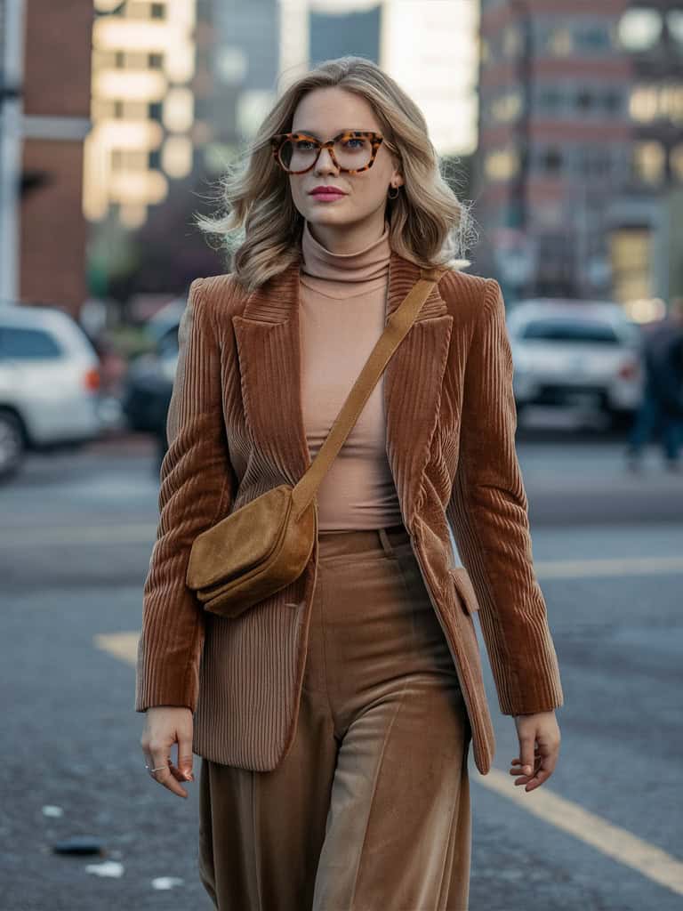 Corduroy Blazer + Turtleneck + Wide-Leg Pants