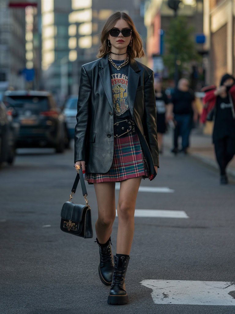 Leather Blazer + Graphic Tee + Plaid Mini Skirt