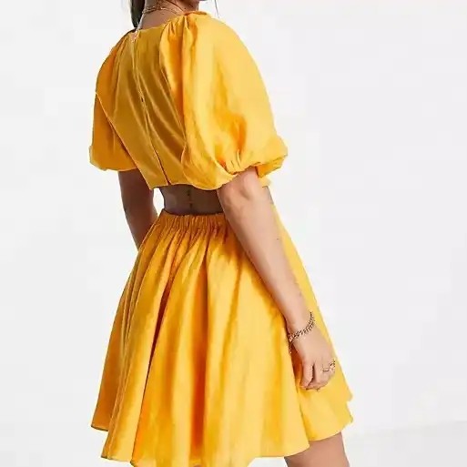 Custom Cut Out Puff Sleeve Linen Mini Dress (4)