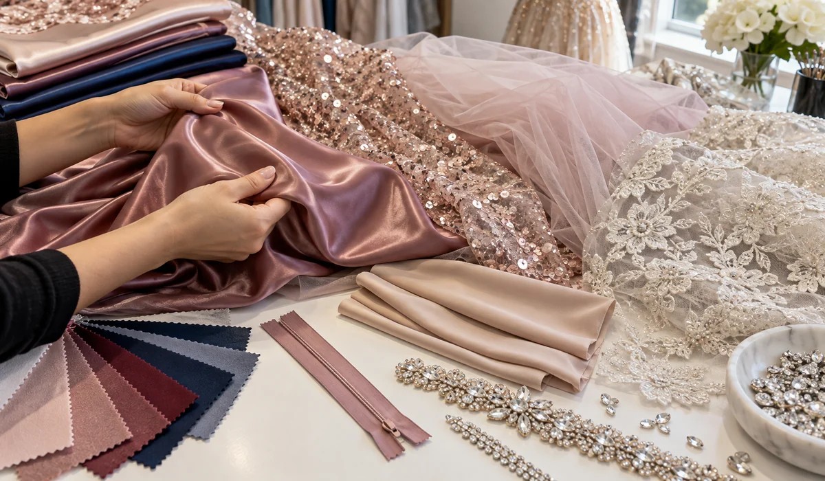 Prom dress fabrics and embellishments