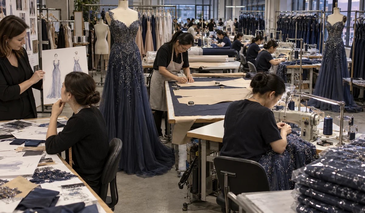 Evening dress sample to production process