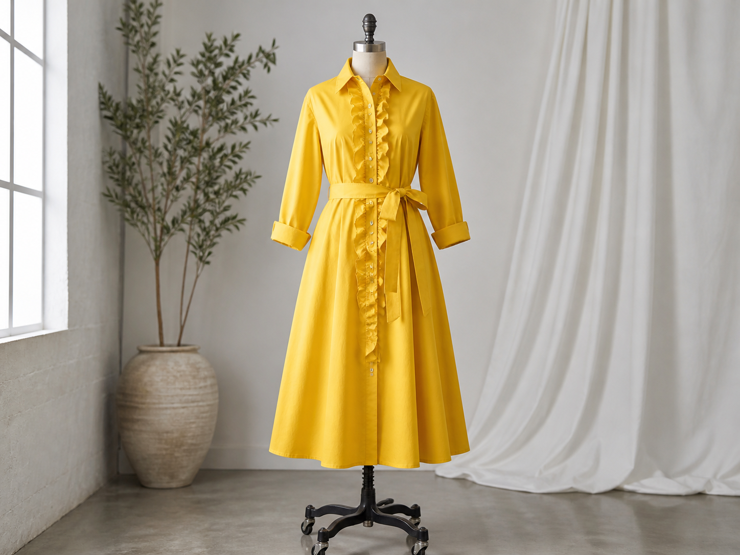 Chovala cha Shirt cha Yellow Ruffle Midi